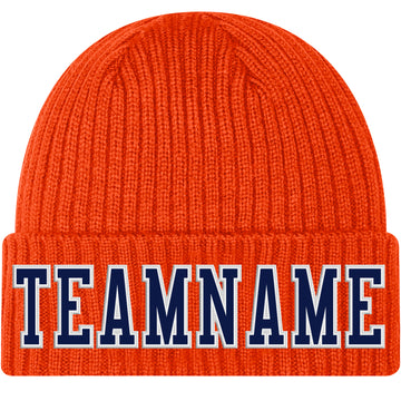 Custom Orange Navy-White Stitched Cuffed Knit Hat