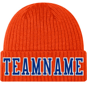 Custom Orange Royal-White Stitched Cuffed Knit Hat