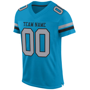 Custom Panther Blue Light Gray-Black Mesh Authentic Football Jersey