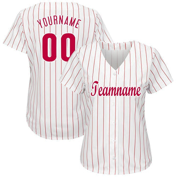 Custom White Red Pinstripe Red-White Baseball Jersey