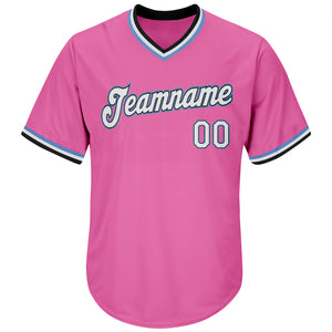 Custom Pink White-Light Blue Authentic Throwback Rib-Knit Baseball Jersey Shirt