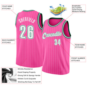 Custom Pink White Pinstripe White-Kelly Green Authentic Throwback Basketball Jersey