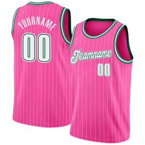 Custom Pink White Pinstripe White-Kelly Green Authentic Throwback Basketball Jersey