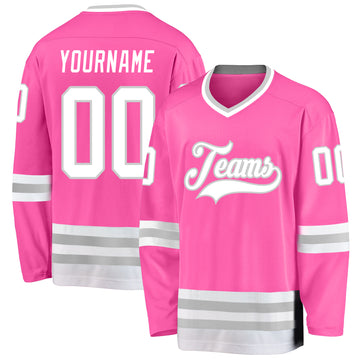 Custom Pink White-Gray Hockey Jersey