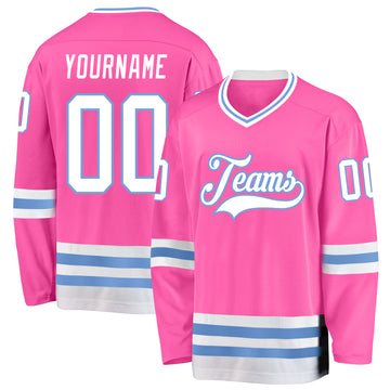 Custom Pink White-Light Blue Hockey Jersey