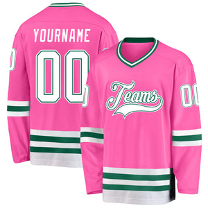 Custom Pink White-Kelly Green Hockey Jersey