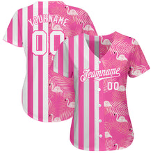 Load image into Gallery viewer, Custom Pink White 3D Pattern Design Tropical Palm Leaves And Famingo Authentic Baseball Jersey
