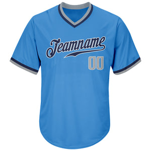 Custom Powder Blue Gray-Navy Authentic Throwback Rib-Knit Baseball Jersey Shirt