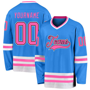 Custom Powder Blue Pink-Black Hockey Jersey