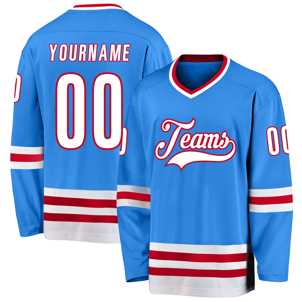 Custom Powder Blue White-Red Hockey Jersey