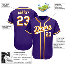 Load image into Gallery viewer, Custom Purple White-Gold Authentic Baseball Jersey
