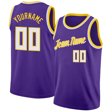 Custom Purple White-Gold Round Neck Rib-Knit Basketball Jersey