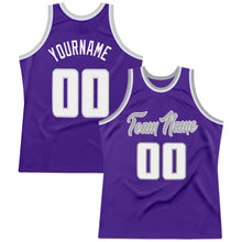 Load image into Gallery viewer, Custom Purple White-Gray Authentic Throwback Basketball Jersey
