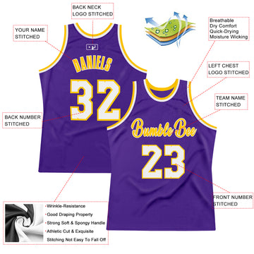 Custom Purple White-Gold Authentic Throwback Basketball Jersey