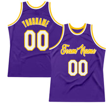 Load image into Gallery viewer, Custom Purple White-Gold Authentic Throwback Basketball Jersey
