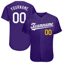 Load image into Gallery viewer, Custom Purple White-Gold Authentic Baseball Jersey
