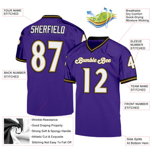 Custom Purple White-Old Gold Mesh Authentic Throwback Football Jersey