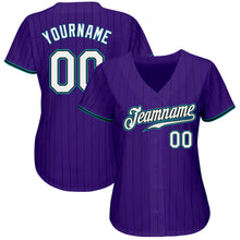 Load image into Gallery viewer, Custom Purple Black Pinstripe White-Teal Authentic Baseball Jersey
