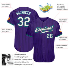 Load image into Gallery viewer, Custom Purple Black Pinstripe White-Teal Authentic Baseball Jersey
