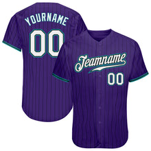 Load image into Gallery viewer, Custom Purple Black Pinstripe White-Teal Authentic Baseball Jersey
