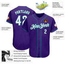 Load image into Gallery viewer, Custom Purple White-Teal Authentic Baseball Jersey
