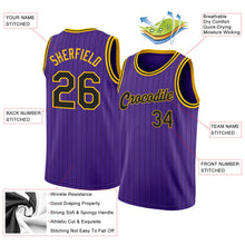 Load image into Gallery viewer, Custom Purple Black Pinstripe Black-Gold Authentic  Basketball Jersey
