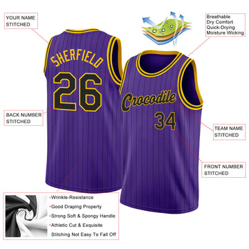 Custom Purple Black Pinstripe Black-Gold Authentic Throwback Basketball Jersey