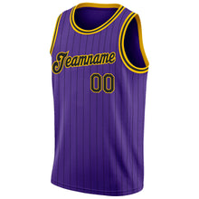 Load image into Gallery viewer, Custom Purple Black Pinstripe Black-Gold Authentic  Basketball Jersey
