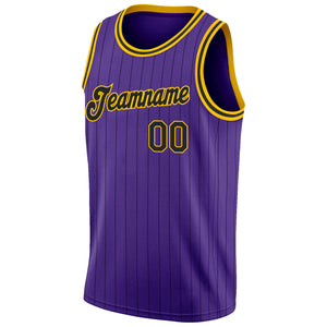 Custom Purple Black Pinstripe Black-Gold Authentic  Basketball Jersey