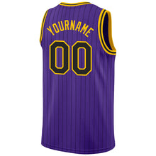 Load image into Gallery viewer, Custom Purple Black Pinstripe Black-Gold Authentic  Basketball Jersey
