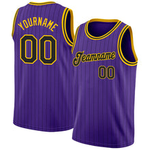 Load image into Gallery viewer, Custom Purple Black Pinstripe Black-Gold Authentic Throwback Basketball Jersey
