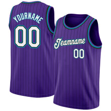 Load image into Gallery viewer, Custom Purple Black Pinstripe White-Teal Authentic Basketball Jersey
