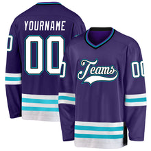 Load image into Gallery viewer, Custom Purple White-Teal Hockey Jersey
