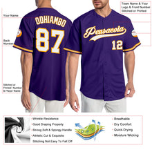 Load image into Gallery viewer, Custom Purple White-Gold Authentic Baseball Jersey
