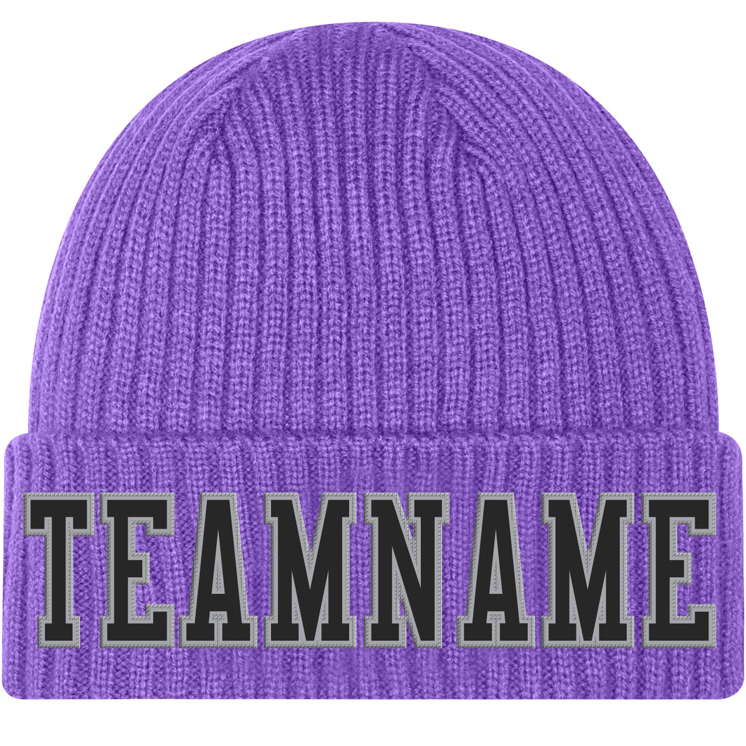 Custom Purple Black-Gray Stitched Cuffed Knit Hat