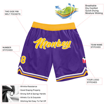 Custom Purple Gold-White Authentic Throwback Basketball Shorts