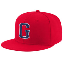 Load image into Gallery viewer, Custom Red Navy-White Stitched Adjustable Snapback Hat
