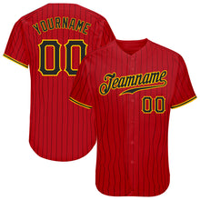 Load image into Gallery viewer, Custom Red Black Pinstripe Black-Gold Authentic Baseball Jersey
