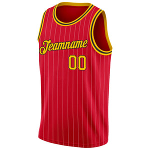 Custom Red Gold Pinstripe Gold-Black Authentic Throwback Basketball Jersey