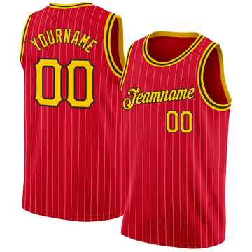 Custom Red Gold Pinstripe Gold-Black Authentic Throwback Basketball Jersey