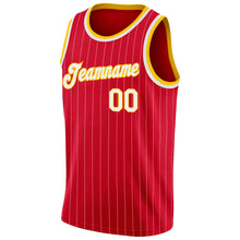 Load image into Gallery viewer, Custom Red White Pinstripe White-Gold Authentic Basketball Jersey
