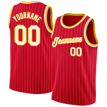 Load image into Gallery viewer, Custom Red White Pinstripe White-Gold Authentic Basketball Jersey
