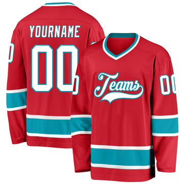 Custom Red White-Teal Hockey Jersey