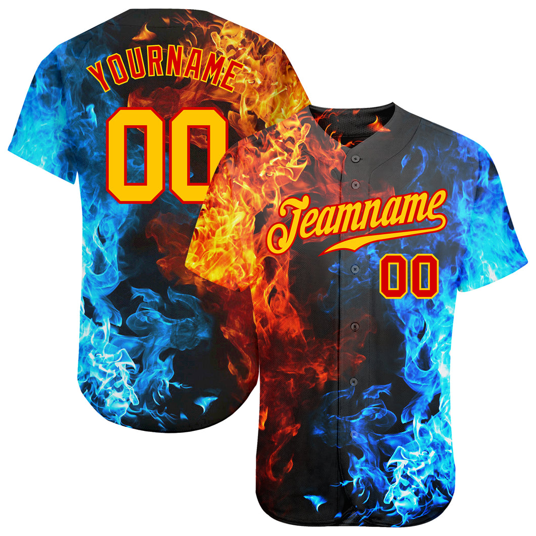 Custom Red Gold 3D Pattern Design Flame Authentic Baseball Jersey