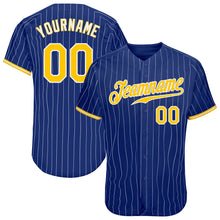 Load image into Gallery viewer, Custom Royal White Pinstripe Gold-White Authentic Baseball Jersey
