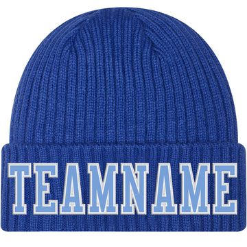 Custom Royal Light Blue-White Stitched Cuffed Knit Hat