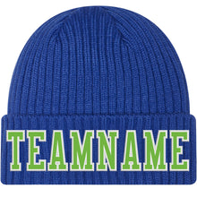 Load image into Gallery viewer, Custom Royal Neon Green-White Stitched Cuffed Knit Hat
