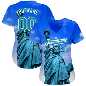 Custom Royal Kelly Green-White 3D Pattern Design Statue Of Liberty Authentic Baseball Jersey