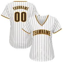 Load image into Gallery viewer, Custom White Brown Pinstripe Brown-Gold Baseball Jersey
