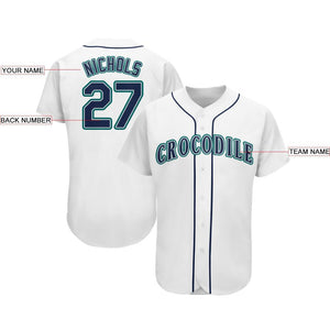 Custom White Navy-Teal Baseball Jersey
